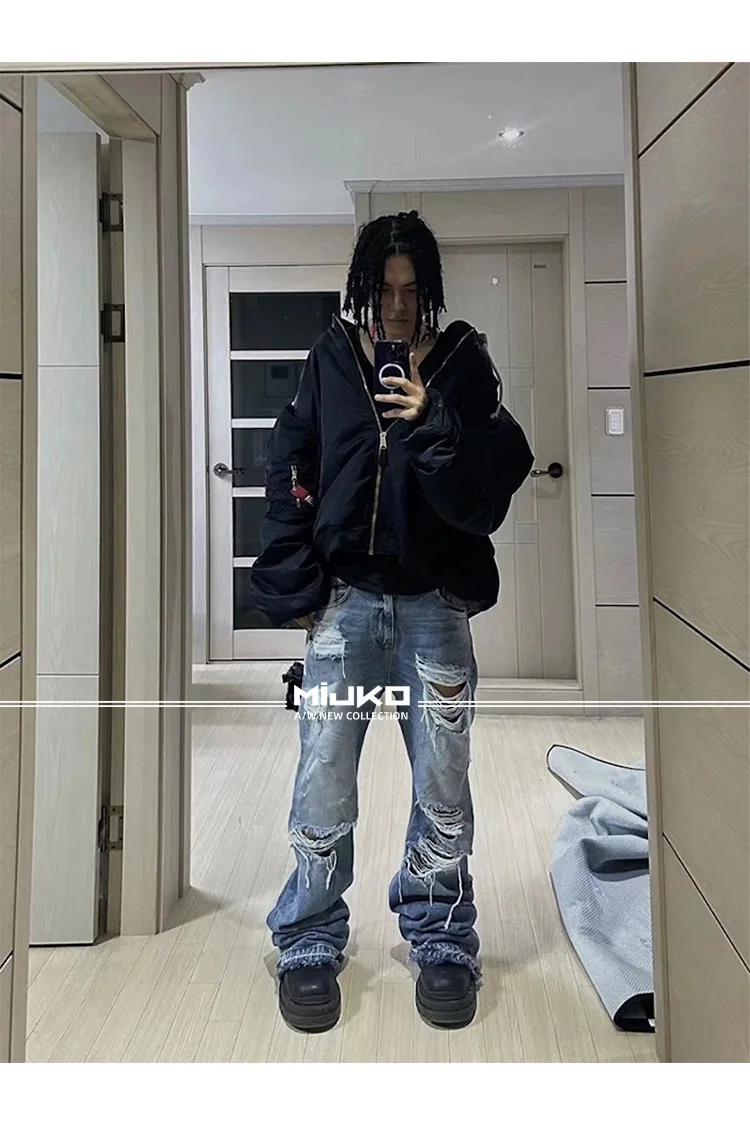 MIJKO Unisex Wide Leg Flared Jeans Torn Hole Cut with Cat Whisker Fringe Blue for Men And Women ZJ014