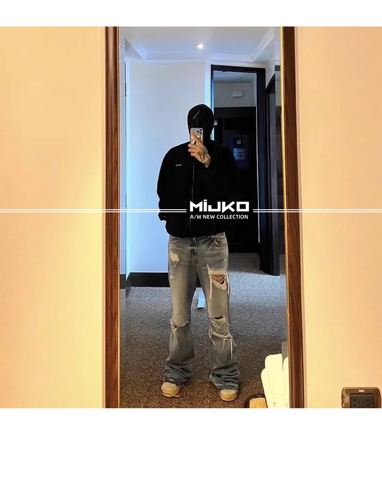 MIJKO Unisex Wide Leg Flared Jeans Torn Hole Cut with Cat Whisker Fringe Blue for Men And Women ZJ014