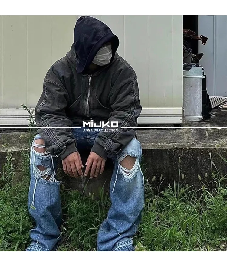 MIJKO Unisex Wide Leg Flared Jeans Torn Hole Cut with Cat Whisker Fringe Blue for Men And Women ZJ014