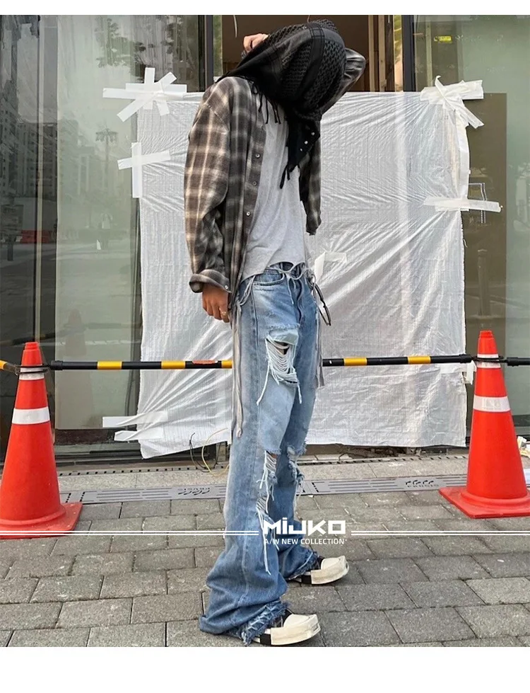 MIJKO Unisex Wide Leg Flared Jeans Torn Hole Cut with Cat Whisker Fringe Blue for Men And Women ZJ014