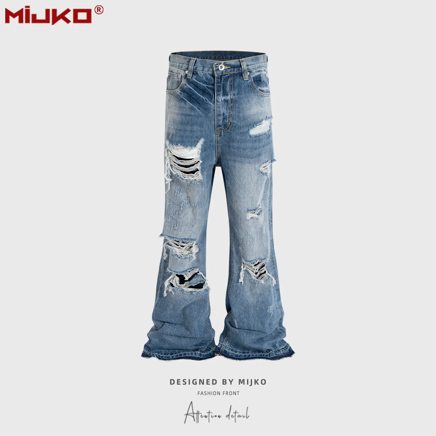 MIJKO Unisex Wide Leg Flared Jeans Torn Hole Cut with Cat Whisker Fringe Blue for Men And Women ZJ014