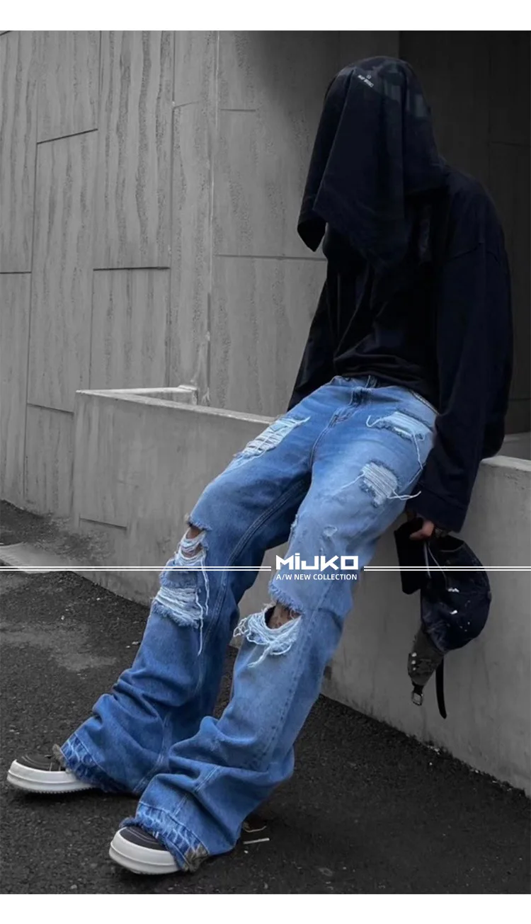 MIJKO Unisex Wide Leg Flared Jeans Torn Hole Cut with Cat Whisker Fringe Blue for Men And Women ZJ014