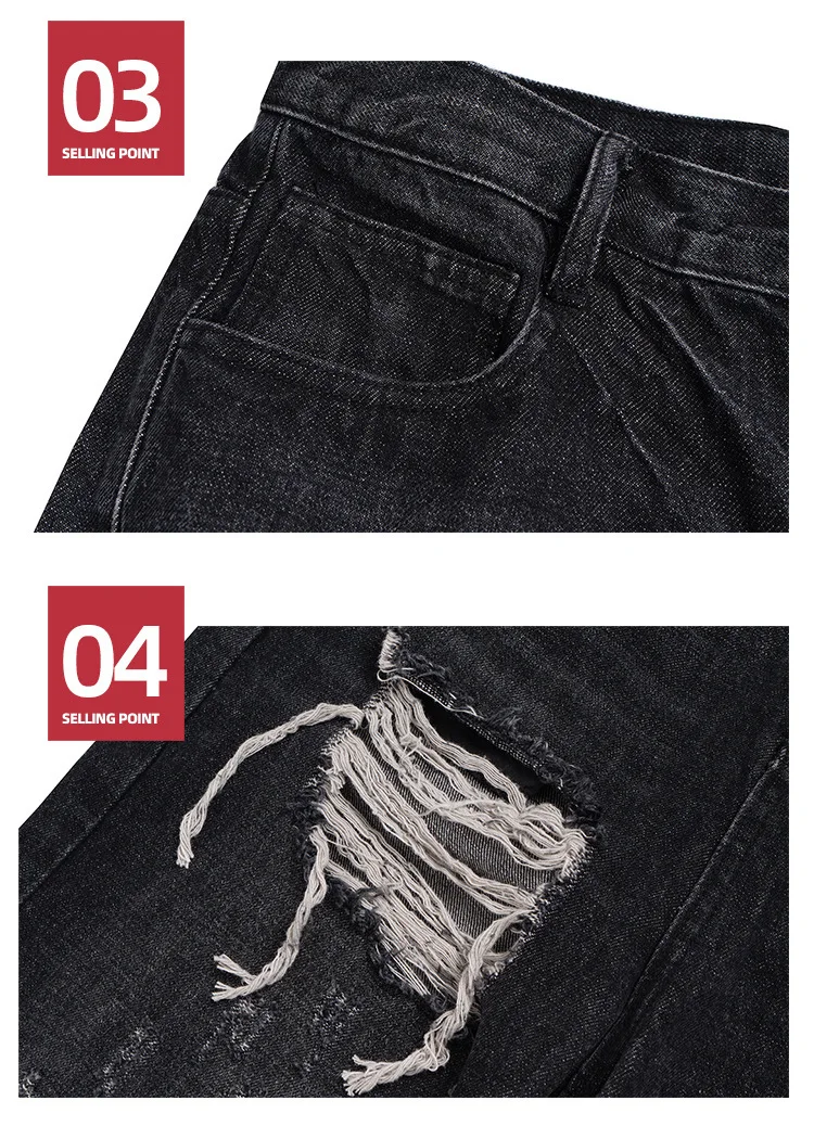 MIJKO Unisex Wide Leg Flared Jeans Torn Hole Cut with Cat Whisker Fringe Blue for Men And Women ZJ014