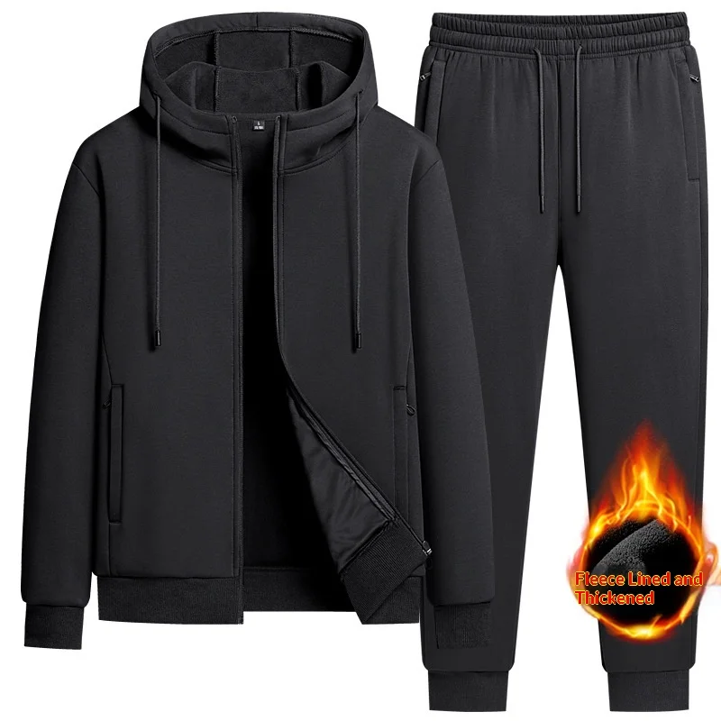 2025 Mens Winter Fleece Running Set Hooded Cardigan Sweatshirt Pants 2 Piece Tracksuit Sports Outfit Casual ensemble jogging