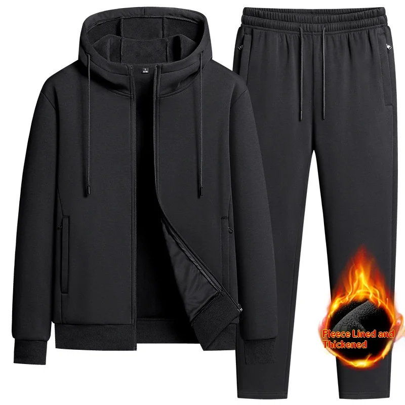 2025 Mens Winter Fleece Running Set Hooded Cardigan Sweatshirt Pants 2 Piece Tracksuit Sports Outfit Casual ensemble jogging