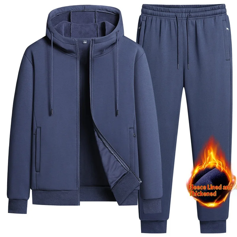 2025 Mens Winter Fleece Running Set Hooded Cardigan Sweatshirt Pants 2 Piece Tracksuit Sports Outfit Casual ensemble jogging