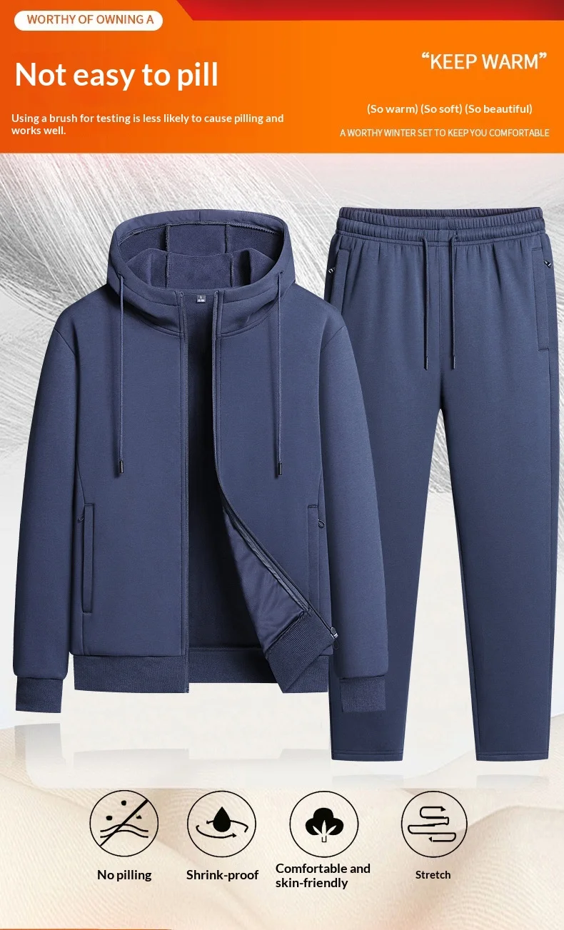2025 Mens Winter Fleece Running Set Hooded Cardigan Sweatshirt Pants 2 Piece Tracksuit Sports Outfit Casual ensemble jogging