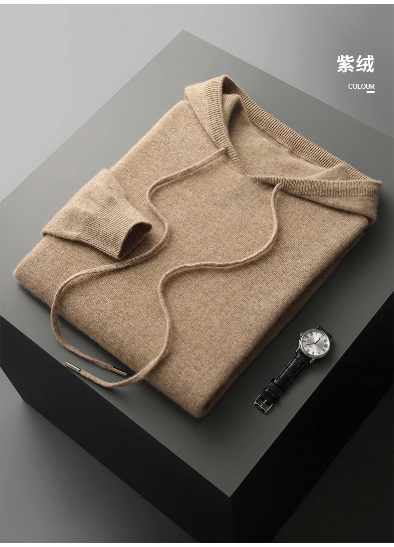 MVLYFLRT Men's 100% Merino Wool Sweater Hooded Collar Knitted Pullover Sweatshirt Autumn Winter Casual Large Tops Long Sleeved
