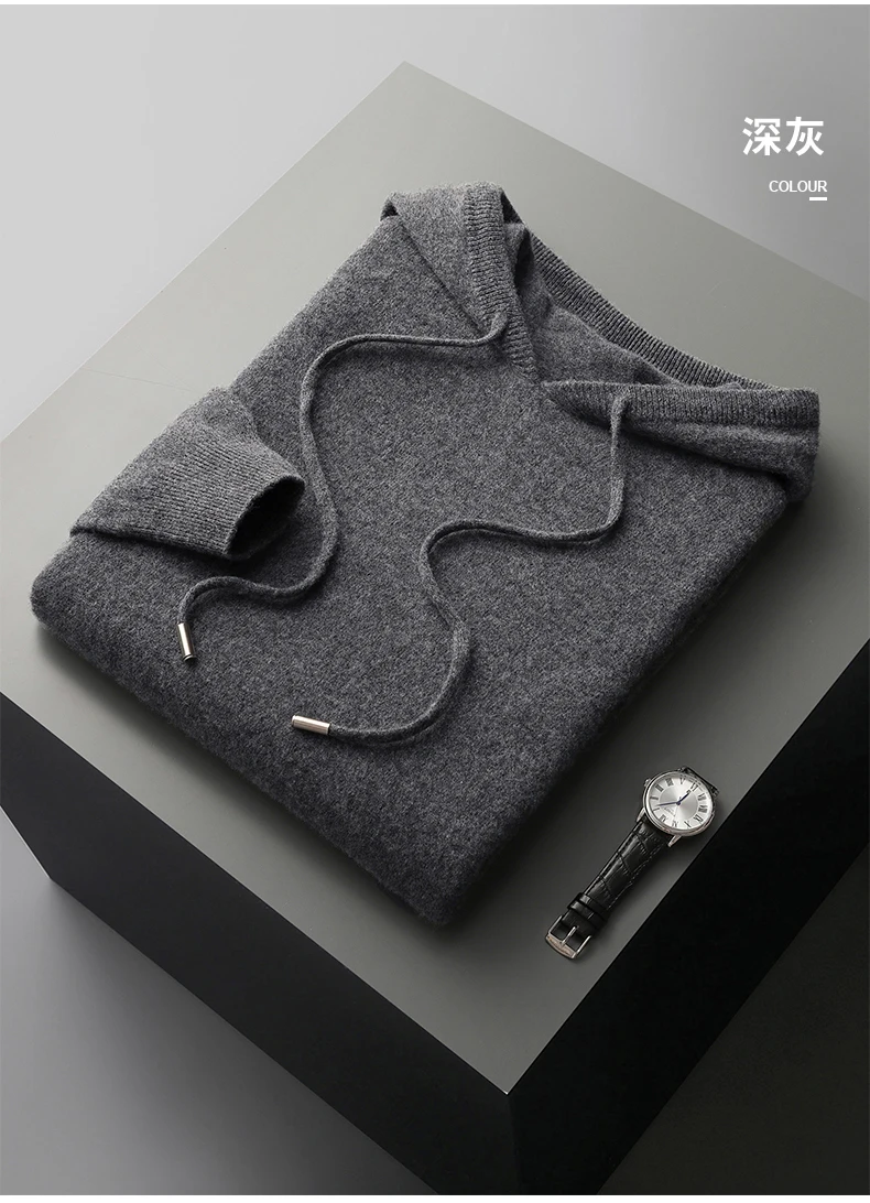 MVLYFLRT Men's 100% Merino Wool Sweater Hooded Collar Knitted Pullover Sweatshirt Autumn Winter Casual Large Tops Long Sleeved