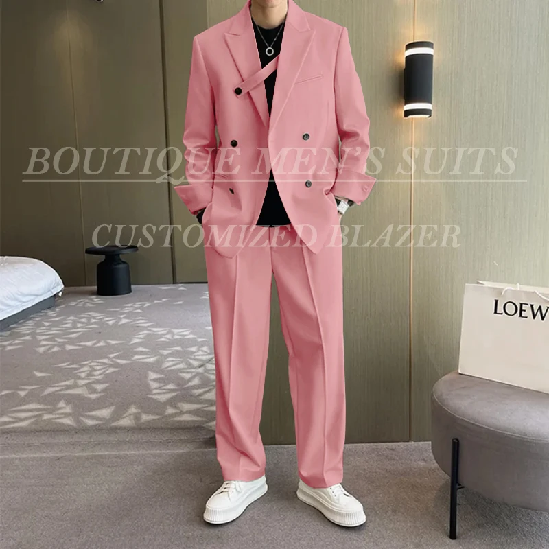 Fashion Ivory Loose Suits For Men Boyfriend Clothing 2026 New Casual Jacket Pants 2Pcs Set Custom Made Male Wear costume homme