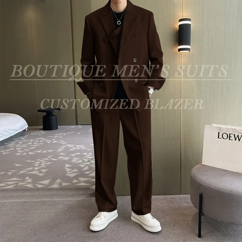 Fashion Ivory Loose Suits For Men Boyfriend Clothing 2026 New Casual Jacket Pants 2Pcs Set Custom Made Male Wear costume homme