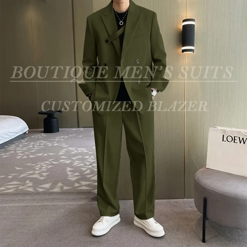 Fashion Ivory Loose Suits For Men Boyfriend Clothing 2026 New Casual Jacket Pants 2Pcs Set Custom Made Male Wear costume homme