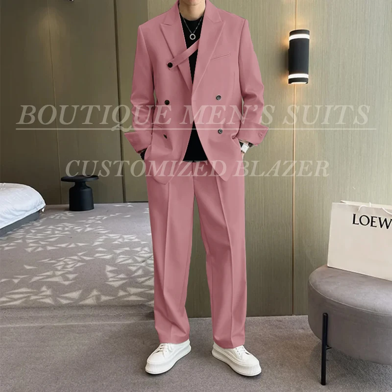 Fashion Ivory Loose Suits For Men Boyfriend Clothing 2026 New Casual Jacket Pants 2Pcs Set Custom Made Male Wear costume homme