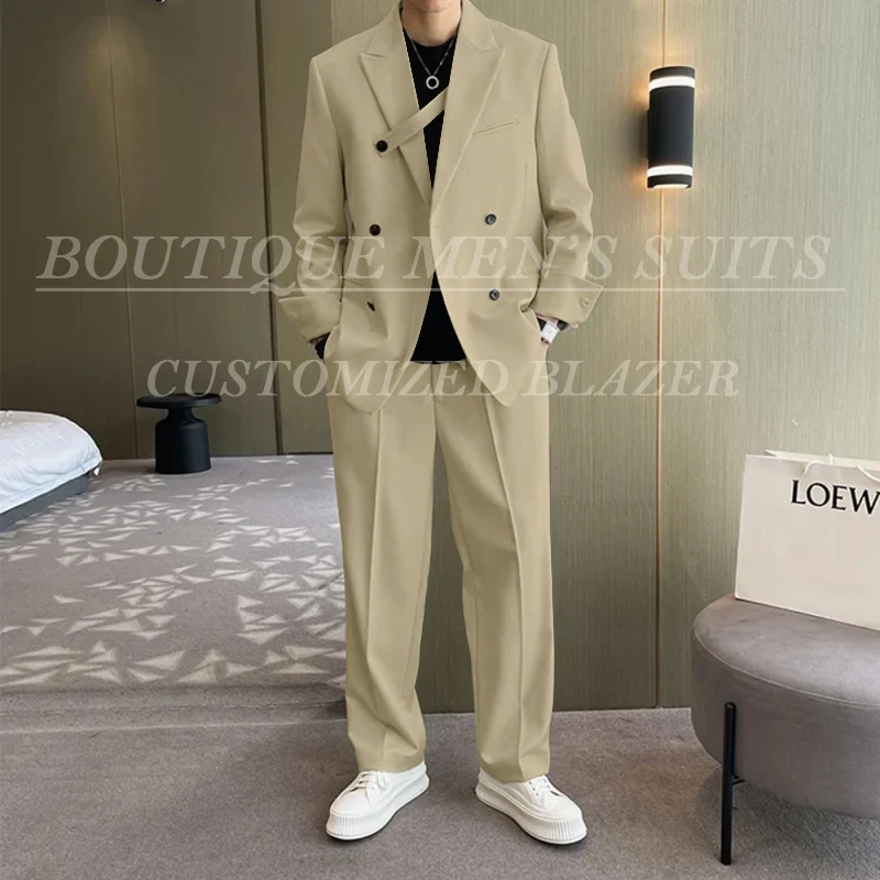 Fashion Ivory Loose Suits For Men Boyfriend Clothing 2026 New Casual Jacket Pants 2Pcs Set Custom Made Male Wear costume homme
