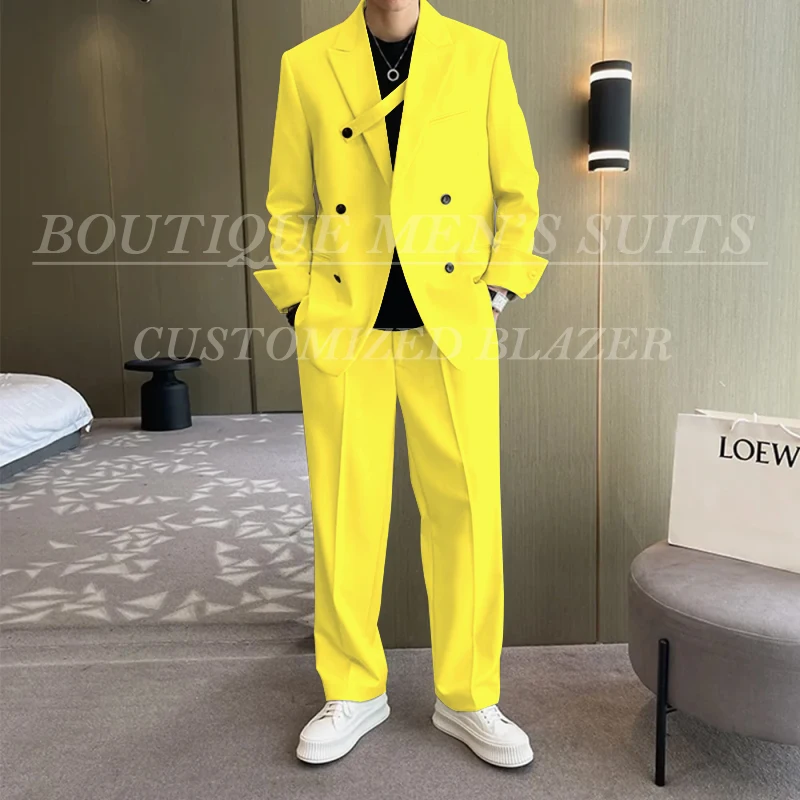 Fashion Ivory Loose Suits For Men Boyfriend Clothing 2026 New Casual Jacket Pants 2Pcs Set Custom Made Male Wear costume homme