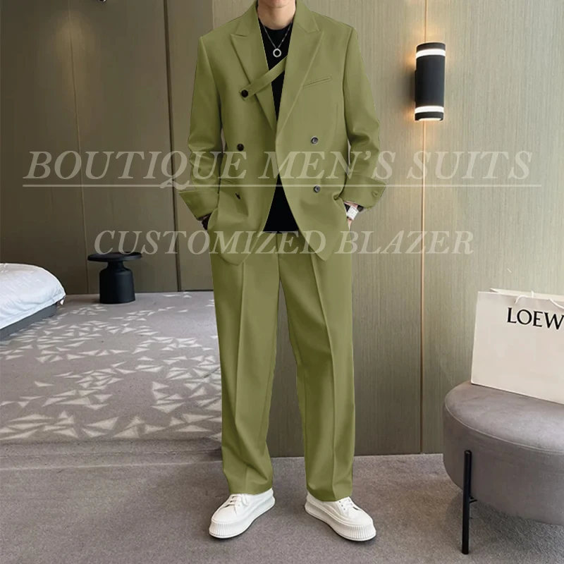 Fashion Ivory Loose Suits For Men Boyfriend Clothing 2026 New Casual Jacket Pants 2Pcs Set Custom Made Male Wear costume homme