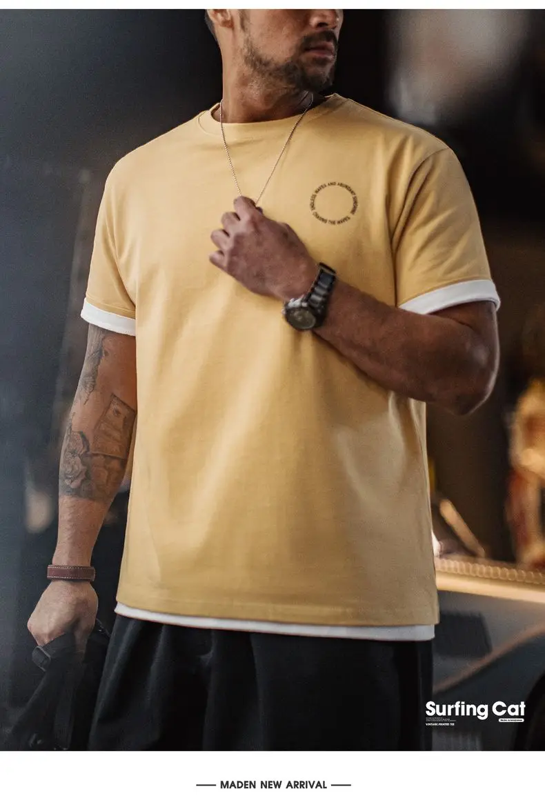 Maden Vintage Foam Print Short Sleeves T-Shirt Men's Summer Heavyweight Yellow Cotton Tee Loose Fit Crew Neck Casual Street Tops