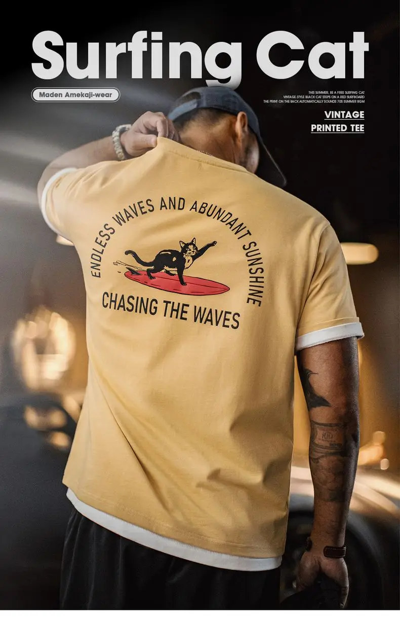Maden Vintage Foam Print Short Sleeves T-Shirt Men's Summer Heavyweight Yellow Cotton Tee Loose Fit Crew Neck Casual Street Tops