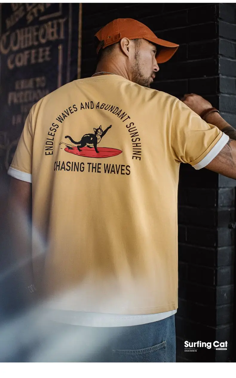 Maden Vintage Foam Print Short Sleeves T-Shirt Men's Summer Heavyweight Yellow Cotton Tee Loose Fit Crew Neck Casual Street Tops
