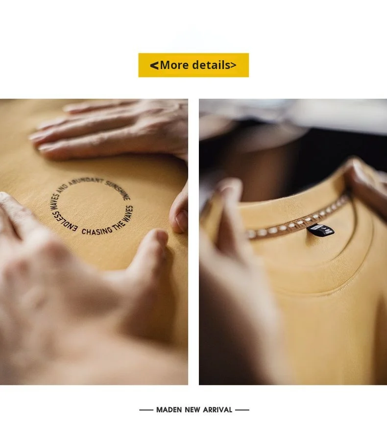 Maden Vintage Foam Print Short Sleeves T-Shirt Men's Summer Heavyweight Yellow Cotton Tee Loose Fit Crew Neck Casual Street Tops