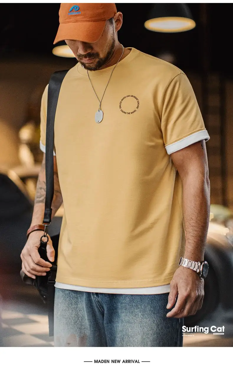 Maden Vintage Foam Print Short Sleeves T-Shirt Men's Summer Heavyweight Yellow Cotton Tee Loose Fit Crew Neck Casual Street Tops