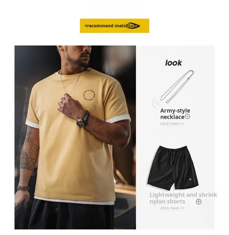 Maden Vintage Foam Print Short Sleeves T-Shirt Men's Summer Heavyweight Yellow Cotton Tee Loose Fit Crew Neck Casual Street Tops