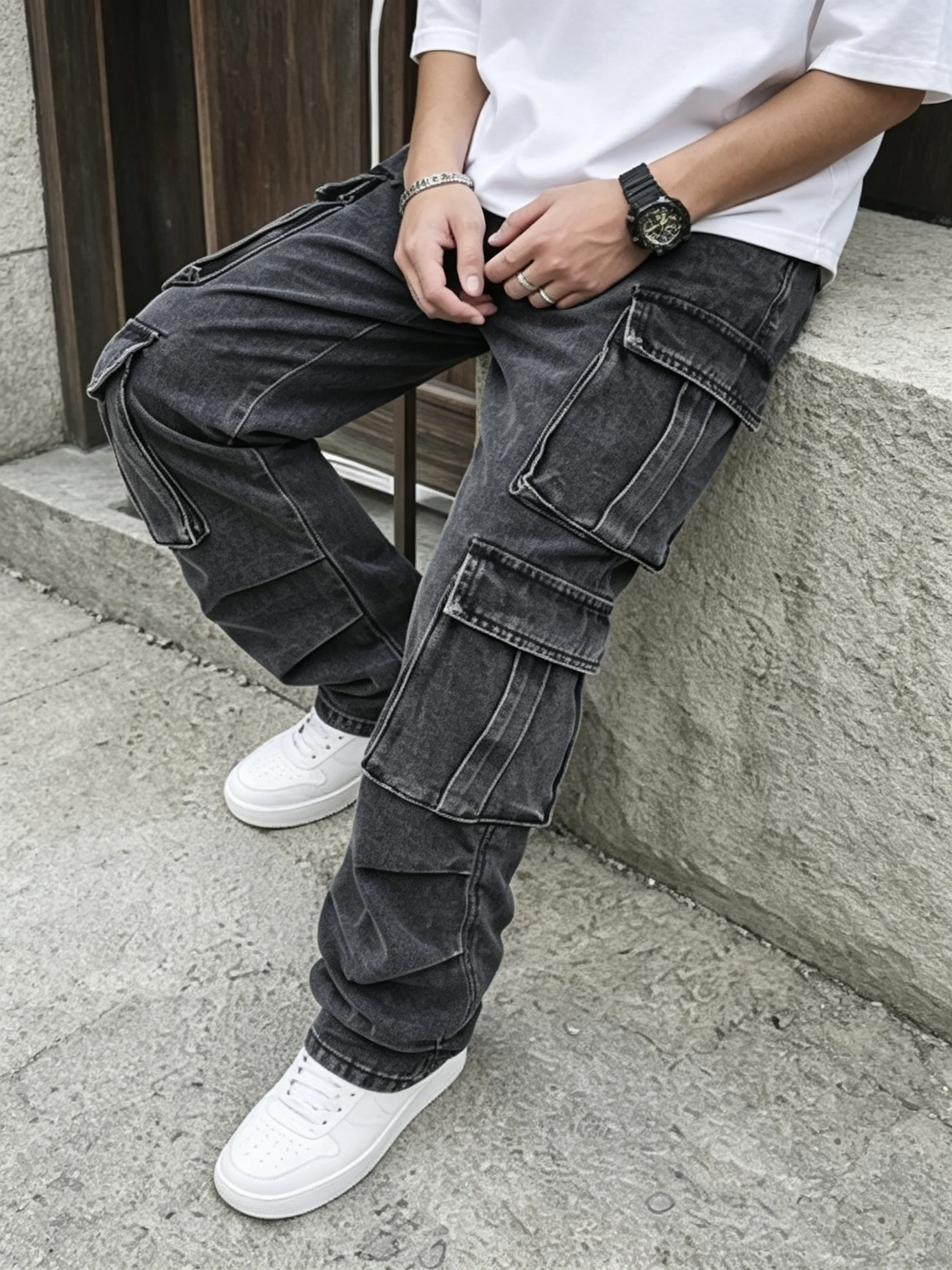 Vintage Man Baggy Cargo Denim Jeans Straight Hip Hop Multi-Pocket Trousers Wide Leg Streetwear Loose Cargo Pants
