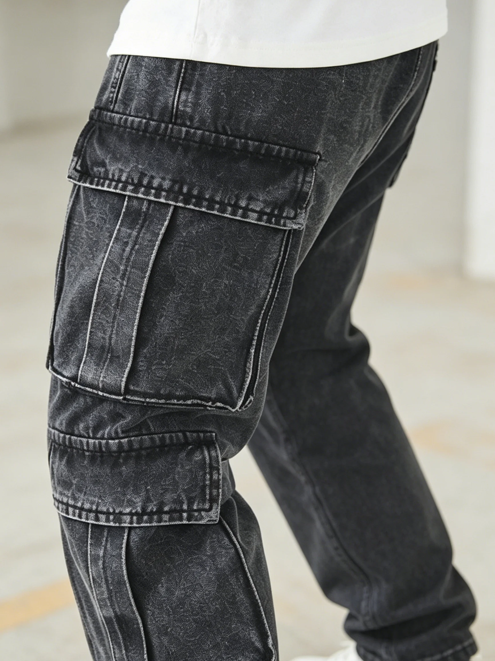 Vintage Man Baggy Cargo Denim Jeans Straight Hip Hop Multi-Pocket Trousers Wide Leg Streetwear Loose Cargo Pants