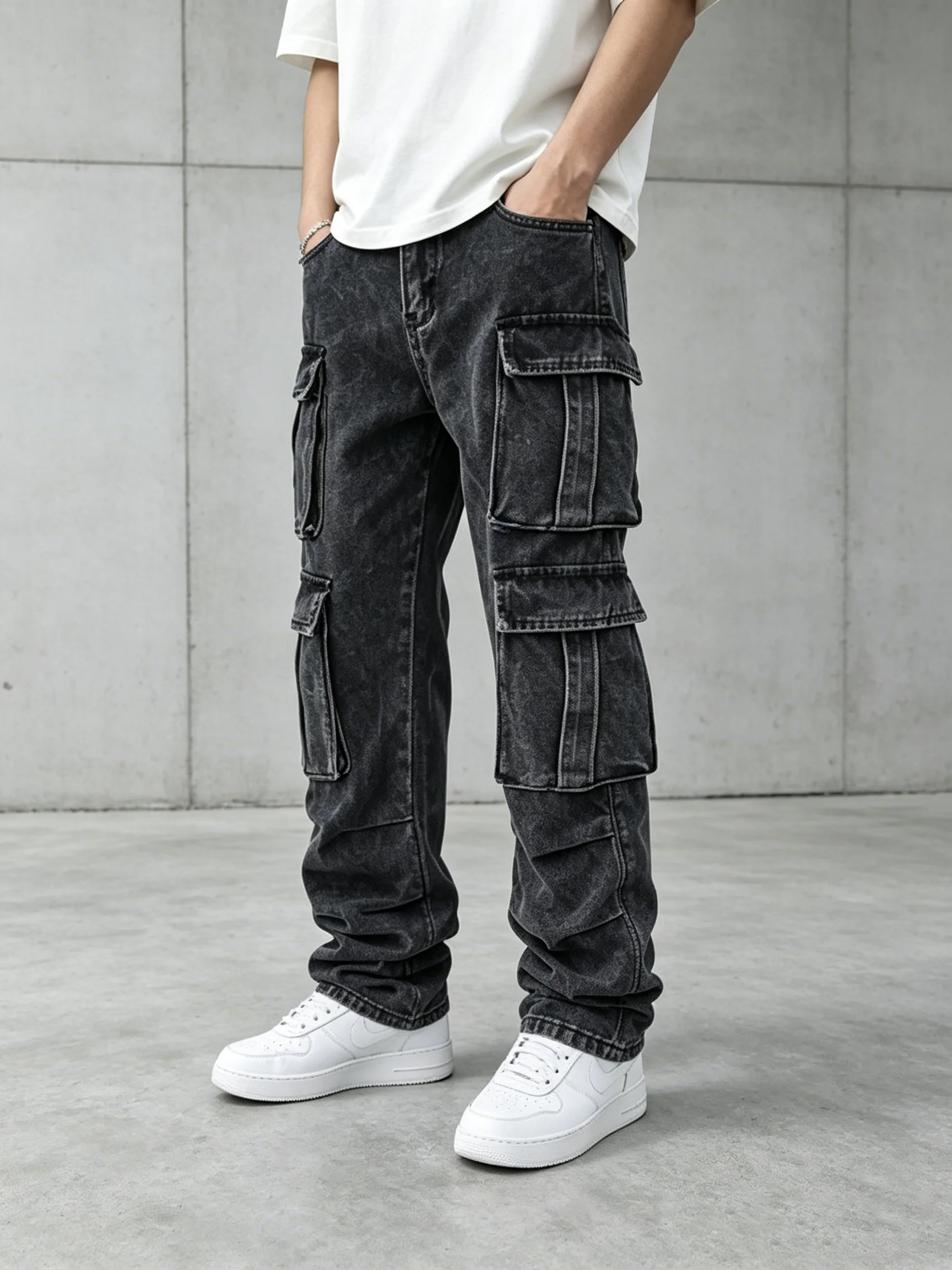 Vintage Man Baggy Cargo Denim Jeans Straight Hip Hop Multi-Pocket Trousers Wide Leg Streetwear Loose Cargo Pants