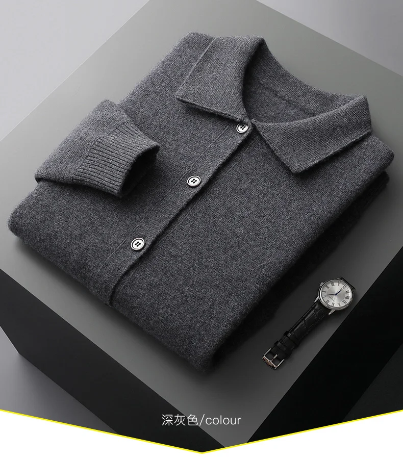 Autumn And Winter 100% Cashmere Cardigan Men's POLO Collar Coat Knitted Baseball Uniform Jacket Bottoming Wool Sweater