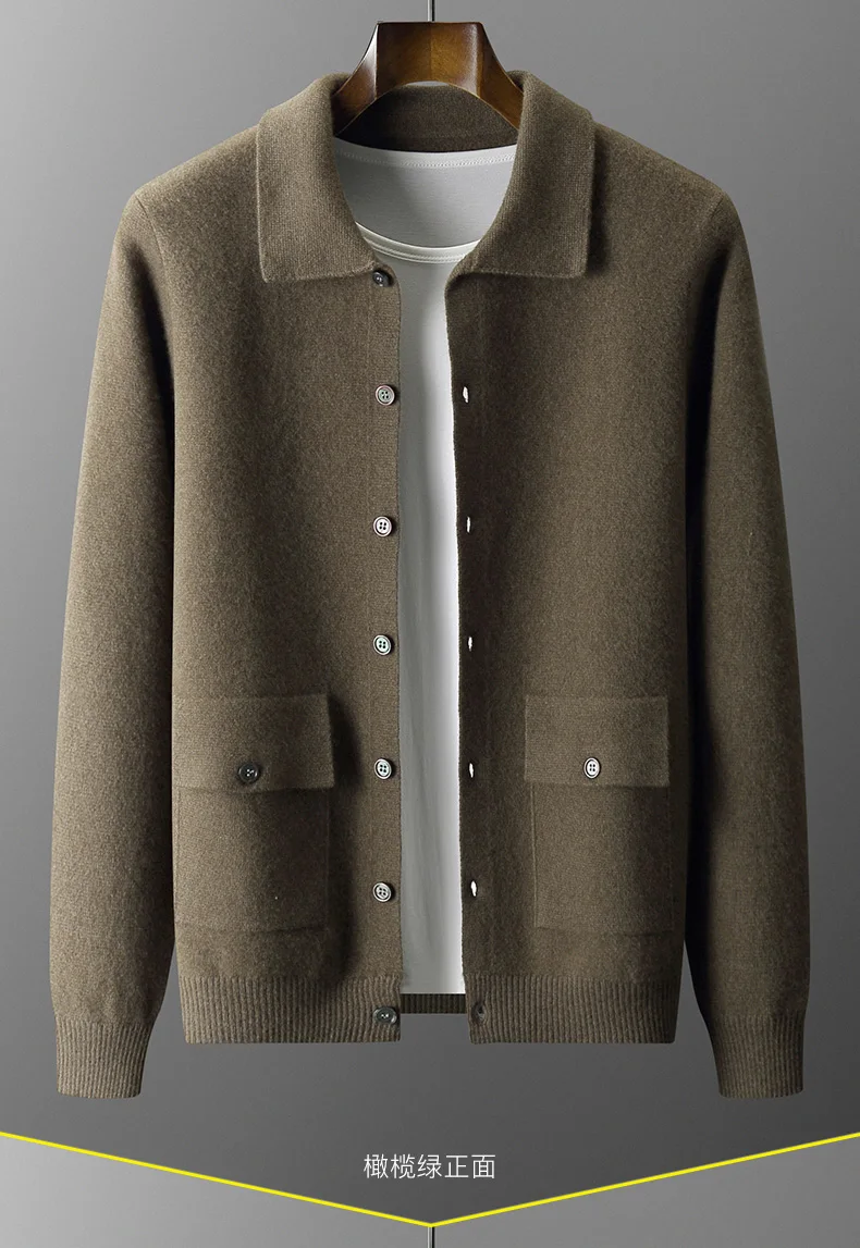 Autumn And Winter 100% Cashmere Cardigan Men's POLO Collar Coat Knitted Baseball Uniform Jacket Bottoming Wool Sweater