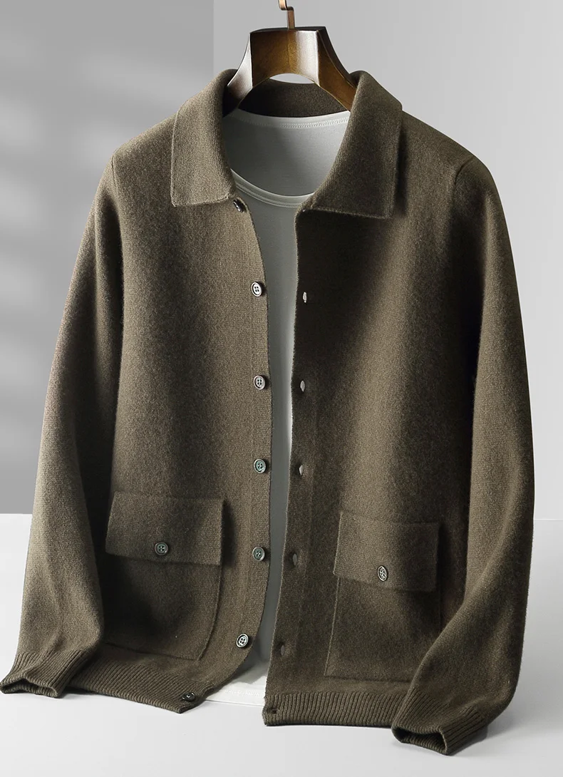 Autumn And Winter 100% Cashmere Cardigan Men's POLO Collar Coat Knitted Baseball Uniform Jacket Bottoming Wool Sweater
