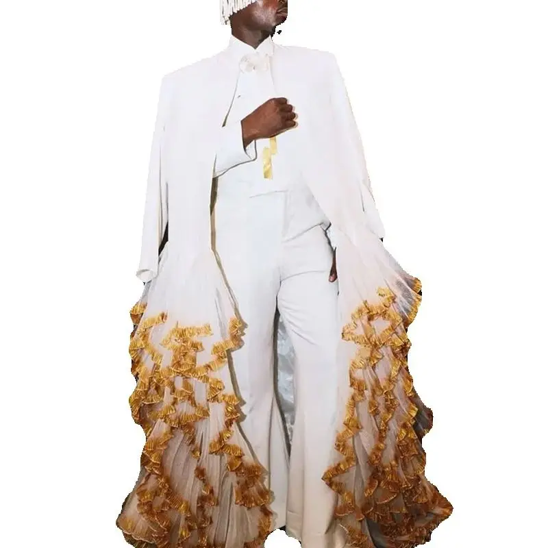White Wrap Men Suits Set 2 Pcs Long Blazer+Cotton Pants Trousers Ruffles Wedding Tuxedo Formal Office Business Groom Jacket Coat