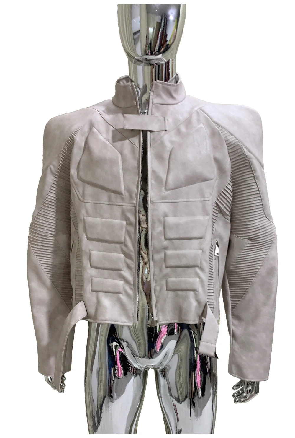 Spring Autumn Cool Distressed Pu Leather Exoskeleton-structured Jacket Men Shoulder Pads Luxury Designer Emo Clothes Streetwear