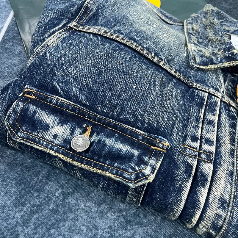 Spring and autumn new heavy old worn Denim splash-ink paint point men's casual denim jacket short