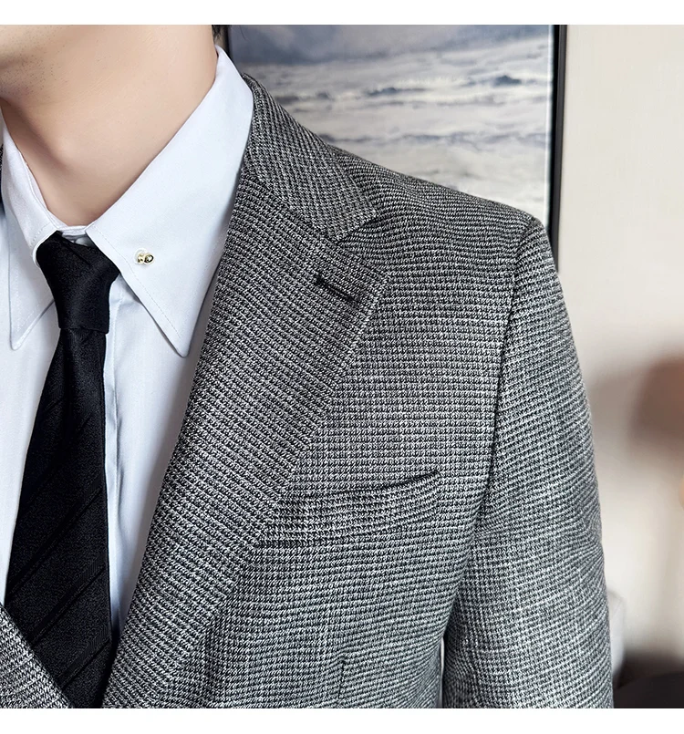 Bright Silk Thousand Bird Grid Suit Jacket Korean-style Business Fashion Slim Fit Single Breasted Men Social Party Dress Coats