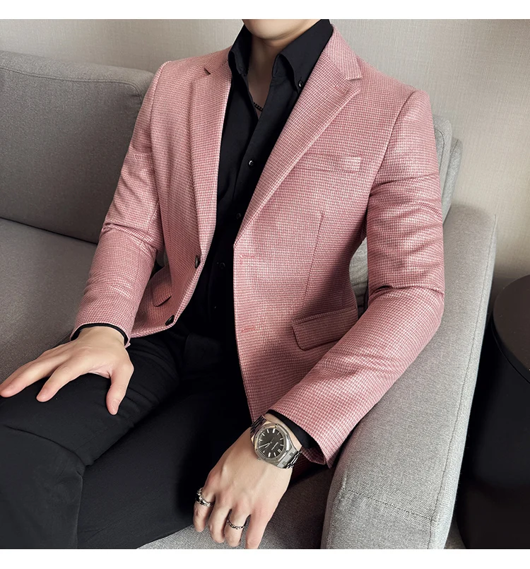 Bright Silk Thousand Bird Grid Suit Jacket Korean-style Business Fashion Slim Fit Single Breasted Men Social Party Dress Coats