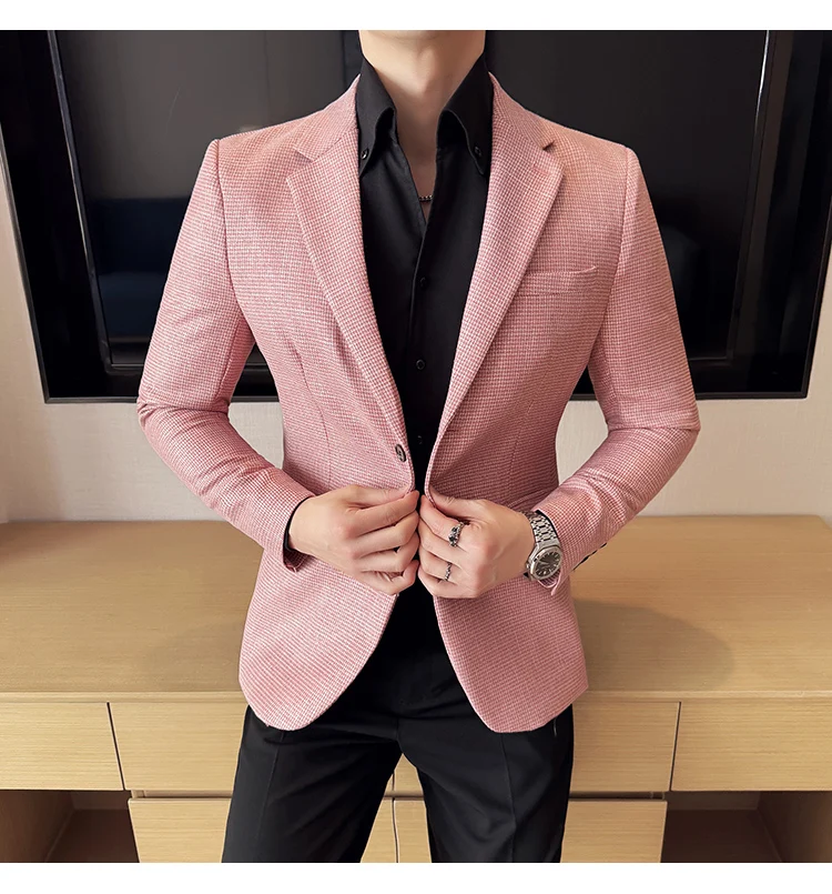 Bright Silk Thousand Bird Grid Suit Jacket Korean-style Business Fashion Slim Fit Single Breasted Men Social Party Dress Coats