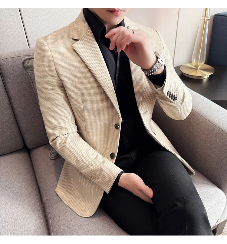 Bright Silk Thousand Bird Grid Suit Jacket Korean-style Business Fashion Slim Fit Single Breasted Men Social Party Dress Coats