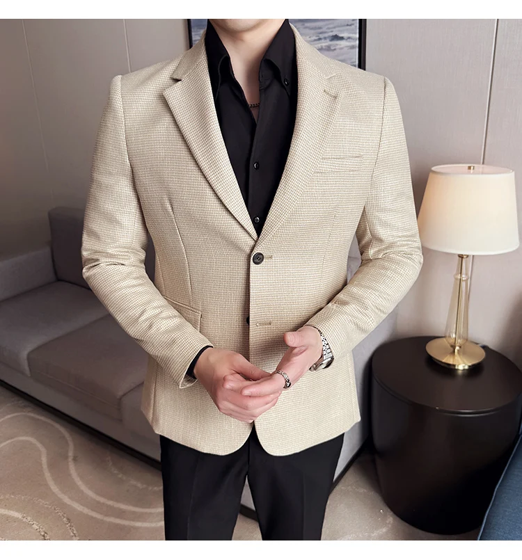Bright Silk Thousand Bird Grid Suit Jacket Korean-style Business Fashion Slim Fit Single Breasted Men Social Party Dress Coats