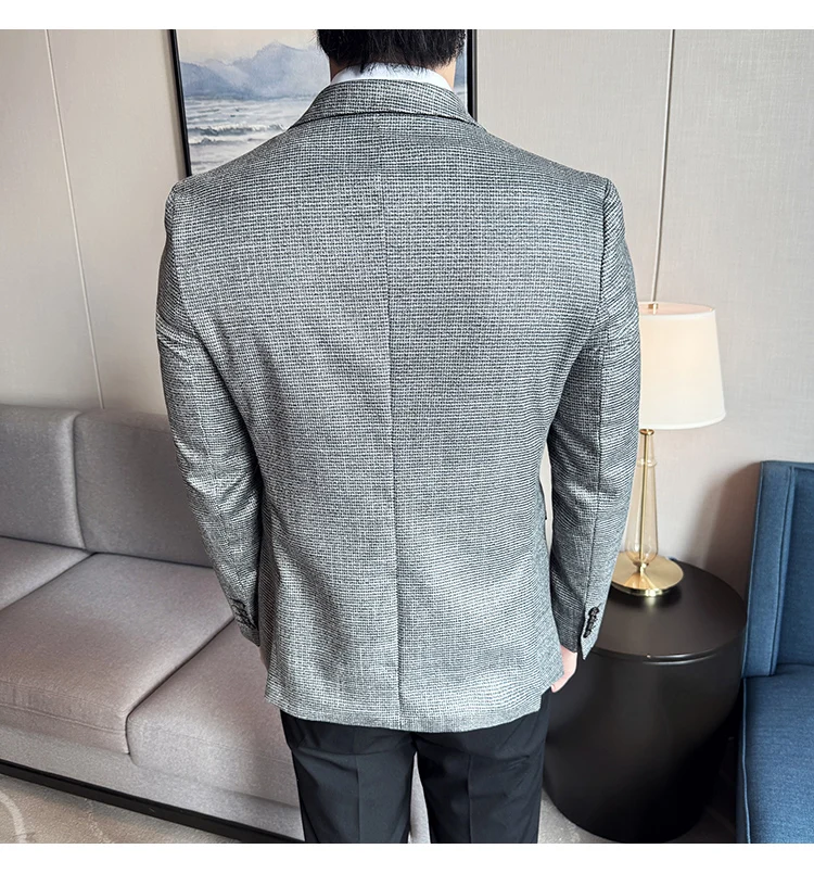 Bright Silk Thousand Bird Grid Suit Jacket Korean-style Business Fashion Slim Fit Single Breasted Men Social Party Dress Coats