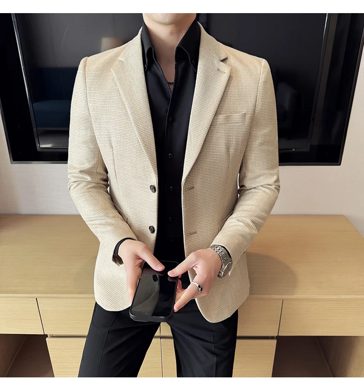 Bright Silk Thousand Bird Grid Suit Jacket Korean-style Business Fashion Slim Fit Single Breasted Men Social Party Dress Coats