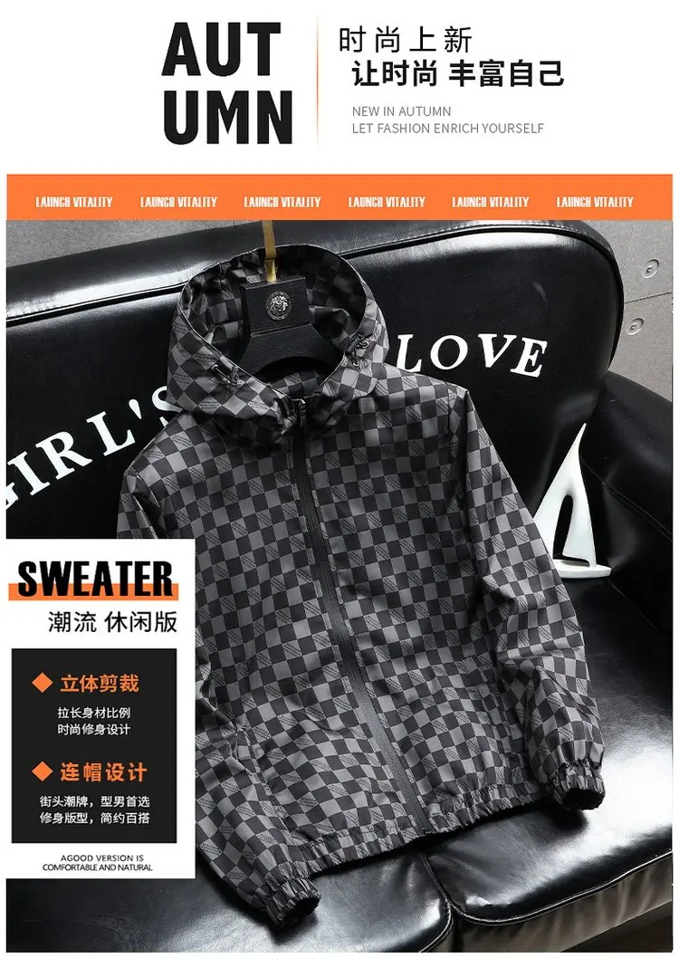 Autumn Fashion Casual Hooded Jacket for Men Korean Plaid Business Windproof Coats Trendy Versatile Streetwear Men Clothing 2025