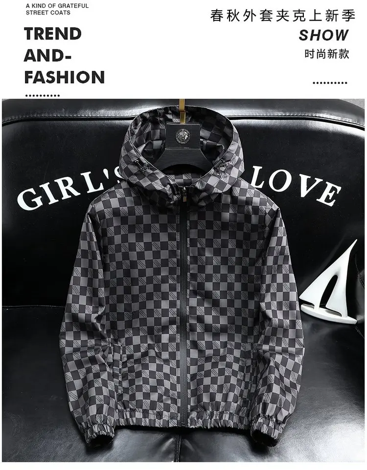 Autumn Fashion Casual Hooded Jacket for Men Korean Plaid Business Windproof Coats Trendy Versatile Streetwear Men Clothing 2025