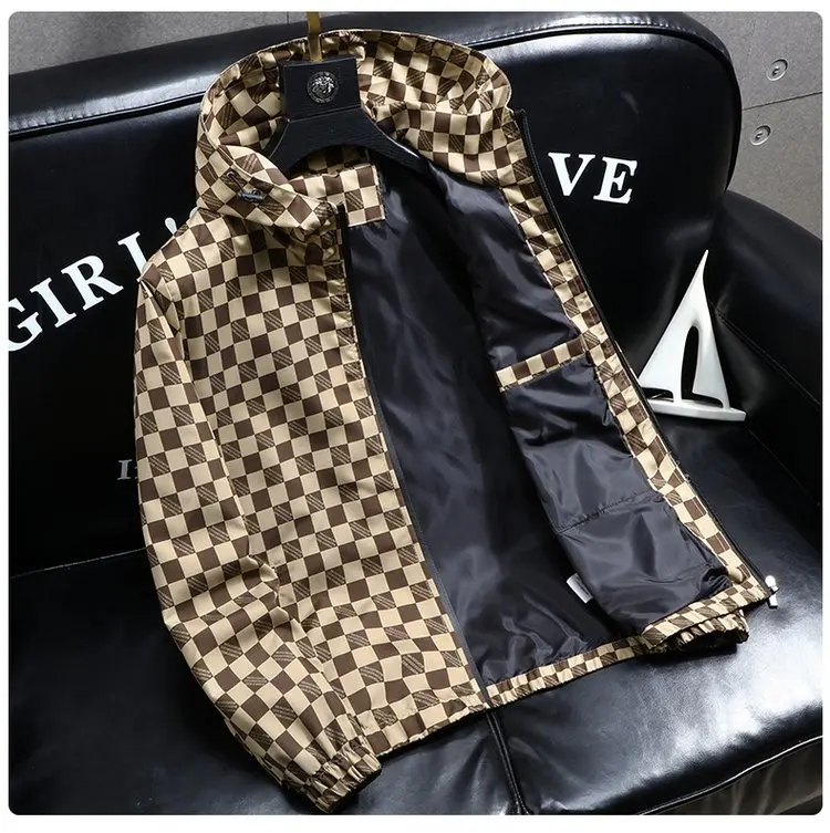Autumn Fashion Casual Hooded Jacket for Men Korean Plaid Business Windproof Coats Trendy Versatile Streetwear Men Clothing 2025