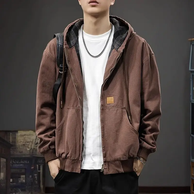 American Retro Hooded Work Jacket in Autumn and Winter New Loose Plaid Trendy Brand Inner Casual Jacket Trendy