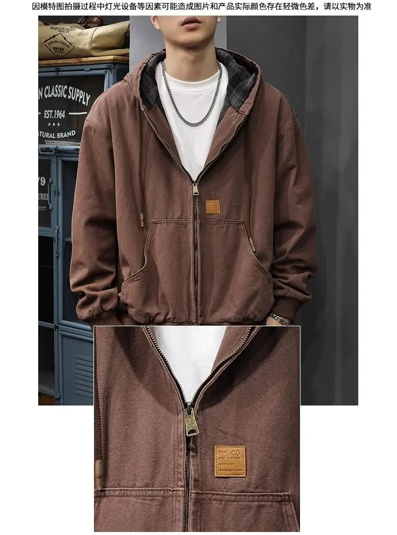 American Retro Hooded Work Jacket in Autumn and Winter New Loose Plaid Trendy Brand Inner Casual Jacket Trendy