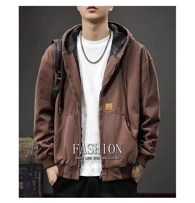 American Retro Hooded Work Jacket in Autumn and Winter New Loose Plaid Trendy Brand Inner Casual Jacket Trendy