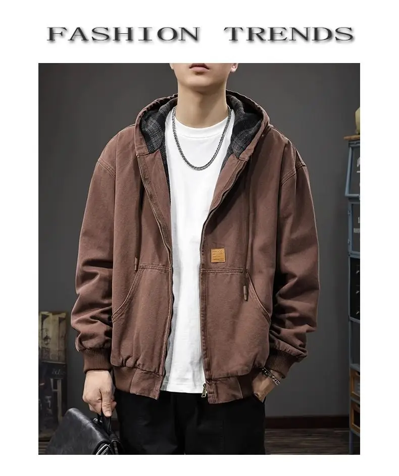 American Retro Hooded Work Jacket in Autumn and Winter New Loose Plaid Trendy Brand Inner Casual Jacket Trendy