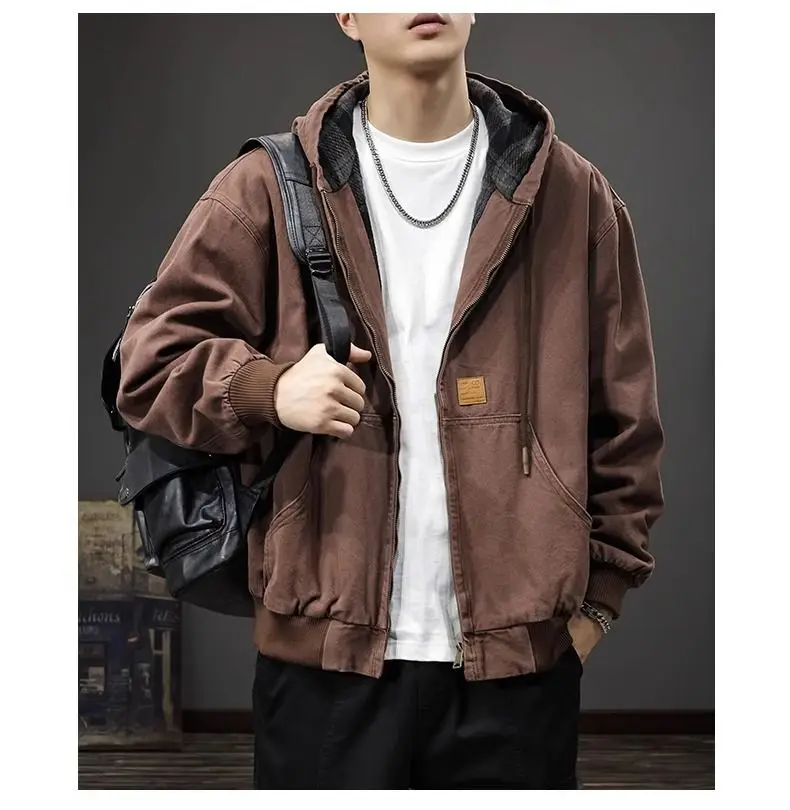American Retro Hooded Work Jacket in Autumn and Winter New Loose Plaid Trendy Brand Inner Casual Jacket Trendy
